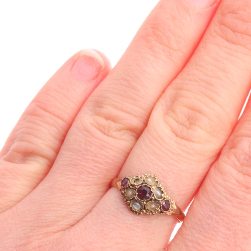 346 - An Antique Victorian 12.5ct gold garnet and split pearl cluster ring, maker JBR, Birmingham 1870, se... 