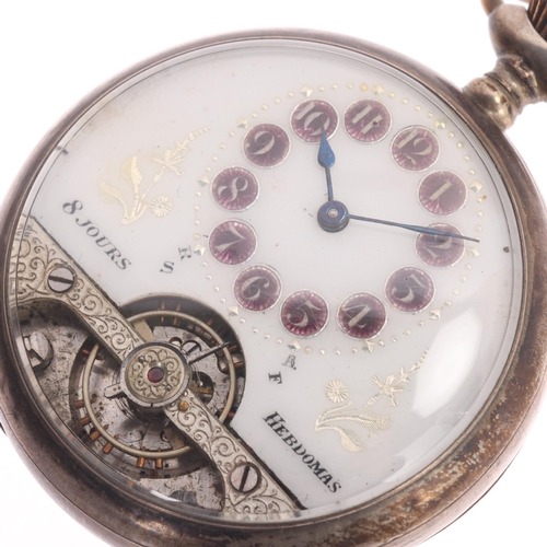 51 - HEBDOMAS - a German 800 silver open-face keyless pocket watch, white enamel semi-skeleton dial with ... 