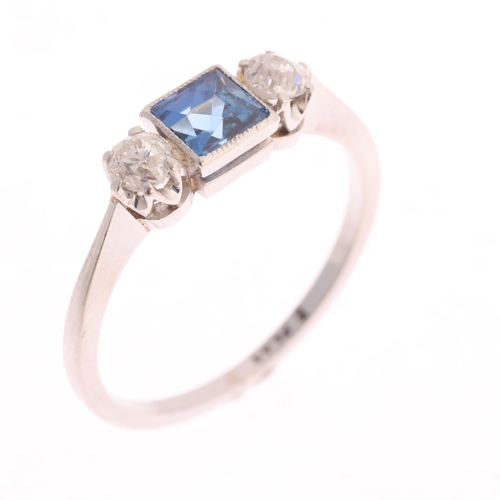 361 - A platinum three stone sapphire and diamond ring, millegrain set with 0.20ct square scissor-cut sapp... 