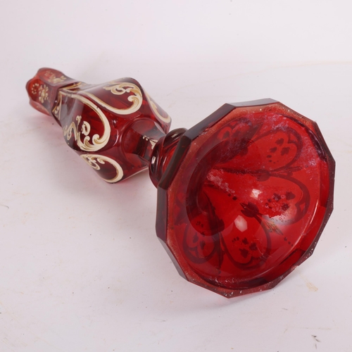 143 - A Bohemian ruby glass Hookah base, with painted and gilded decoration, height 25cm, missing stopper