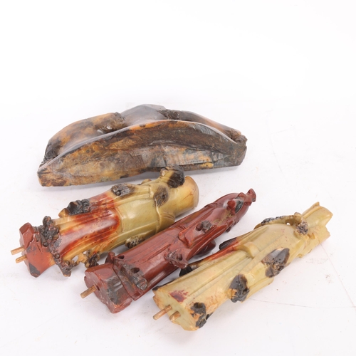 201 - A set of 3 Chinese carved soapstone sage figures, on stand, overall height 25cm