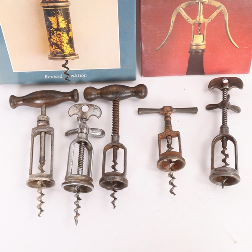 46 - 5 assisted frame corkscrews, including 2 French reversible types, Wooden handled model marked 
