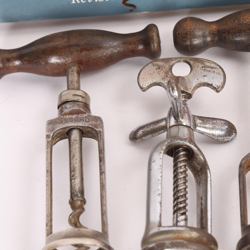 46 - 5 assisted frame corkscrews, including 2 French reversible types, Wooden handled model marked 