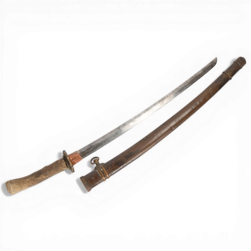 82A - A Second World war period Japanese Wakizashi sword, with leather wrapped grip and bamboo scabbard, l... 