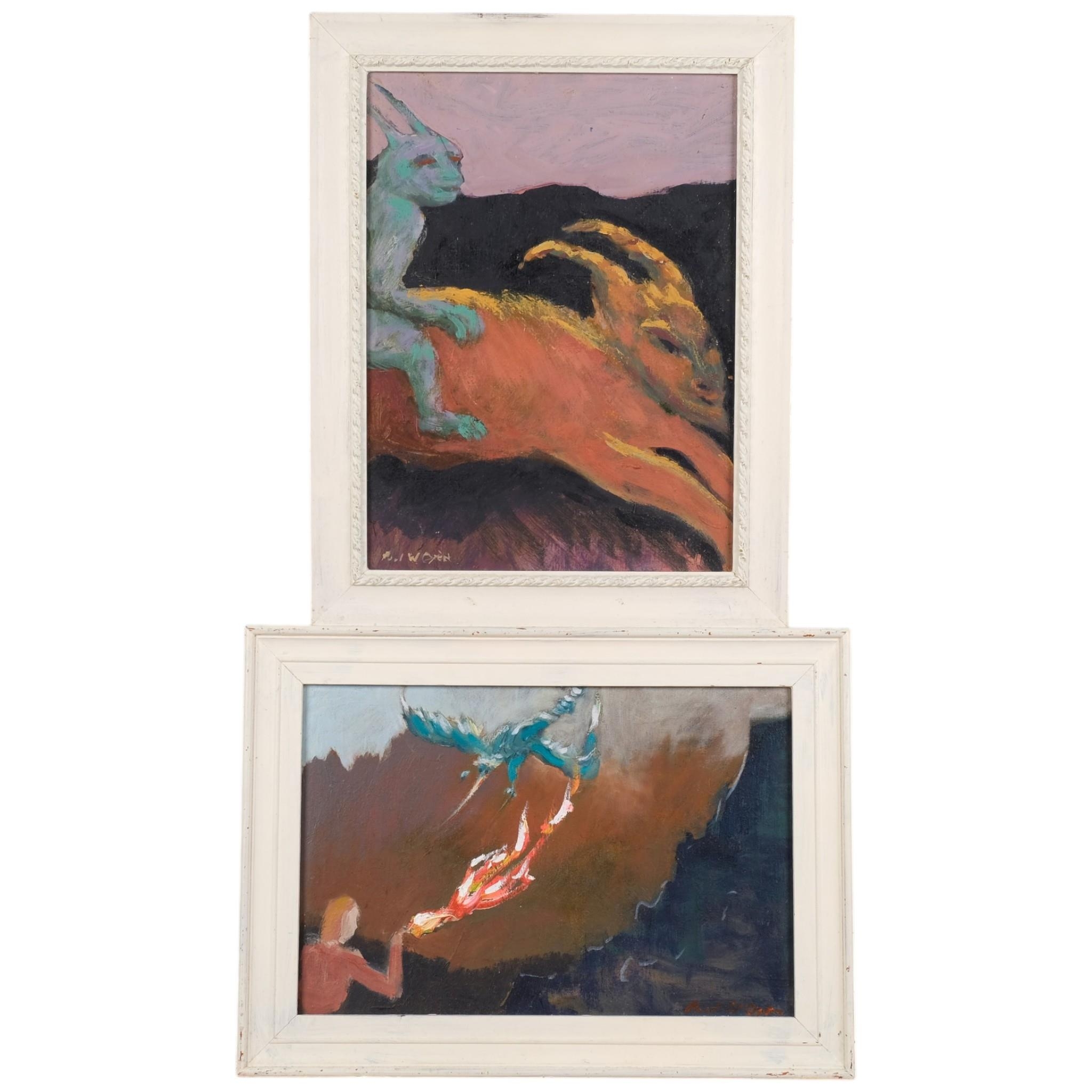 2 contemporary fantasy compositions, oils on board, indistinctly signed ...
