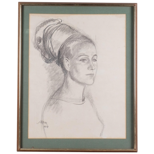 Portrait of a woman, 1967, charcoal on paper, indistinctly signed, 64cm ...
