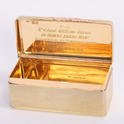 1112 - A fine George IV silver-gilt and gold snuff box, Alexander James Strachan, London 1824, rectangular ... 
