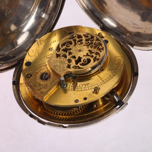 1038 - An early 19th century silver full hunter key-wind verge pocket watch, by Myers of London, white enam... 