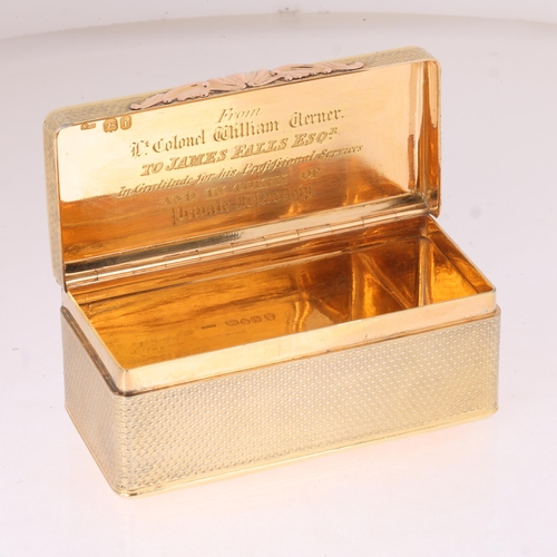 1112 - A fine George IV silver-gilt and gold snuff box, Alexander James Strachan, London 1824, rectangular ... 