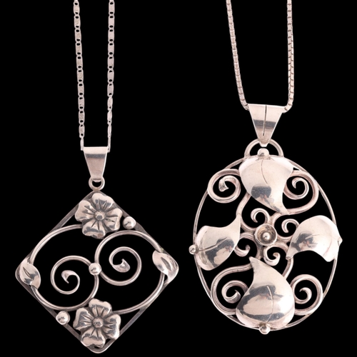 1482 - 2 Art Nouveau style Danish silver floral pendant necklaces, on silver chains, largest pendant 64mm, ... 