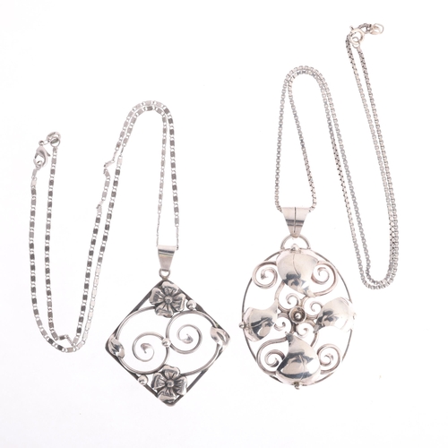 1482 - 2 Art Nouveau style Danish silver floral pendant necklaces, on silver chains, largest pendant 64mm, ... 