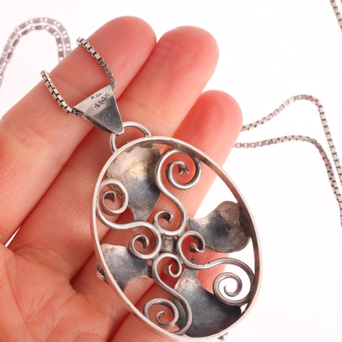 1482 - 2 Art Nouveau style Danish silver floral pendant necklaces, on silver chains, largest pendant 64mm, ... 