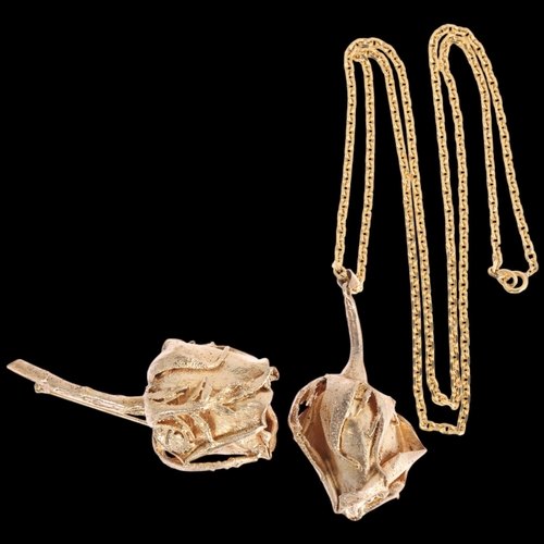 1483 - FLORA DANICA - a large Danish vermeil sterling silver rose flowerhead pendant necklace and brooch se... 