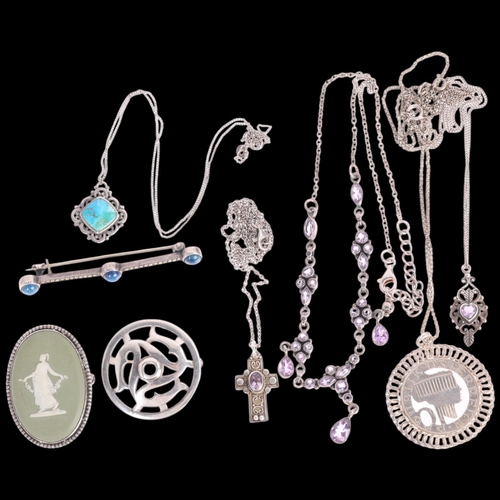 1487 - Various silver jewellery, including Wedgwood Jasperware brooch, coin pendant, etc, 61.2g gross
