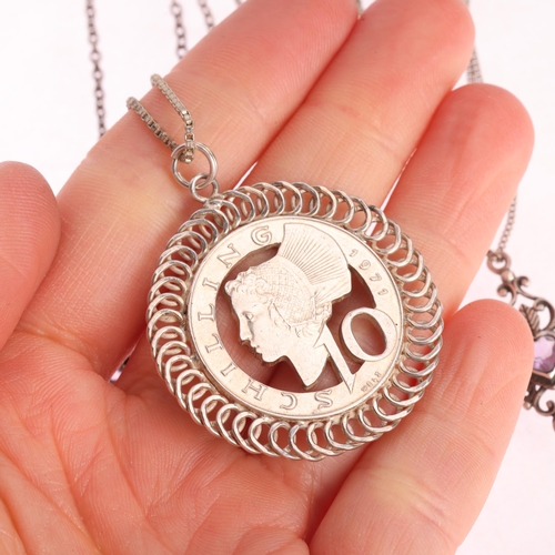 1487 - Various silver jewellery, including Wedgwood Jasperware brooch, coin pendant, etc, 61.2g gross