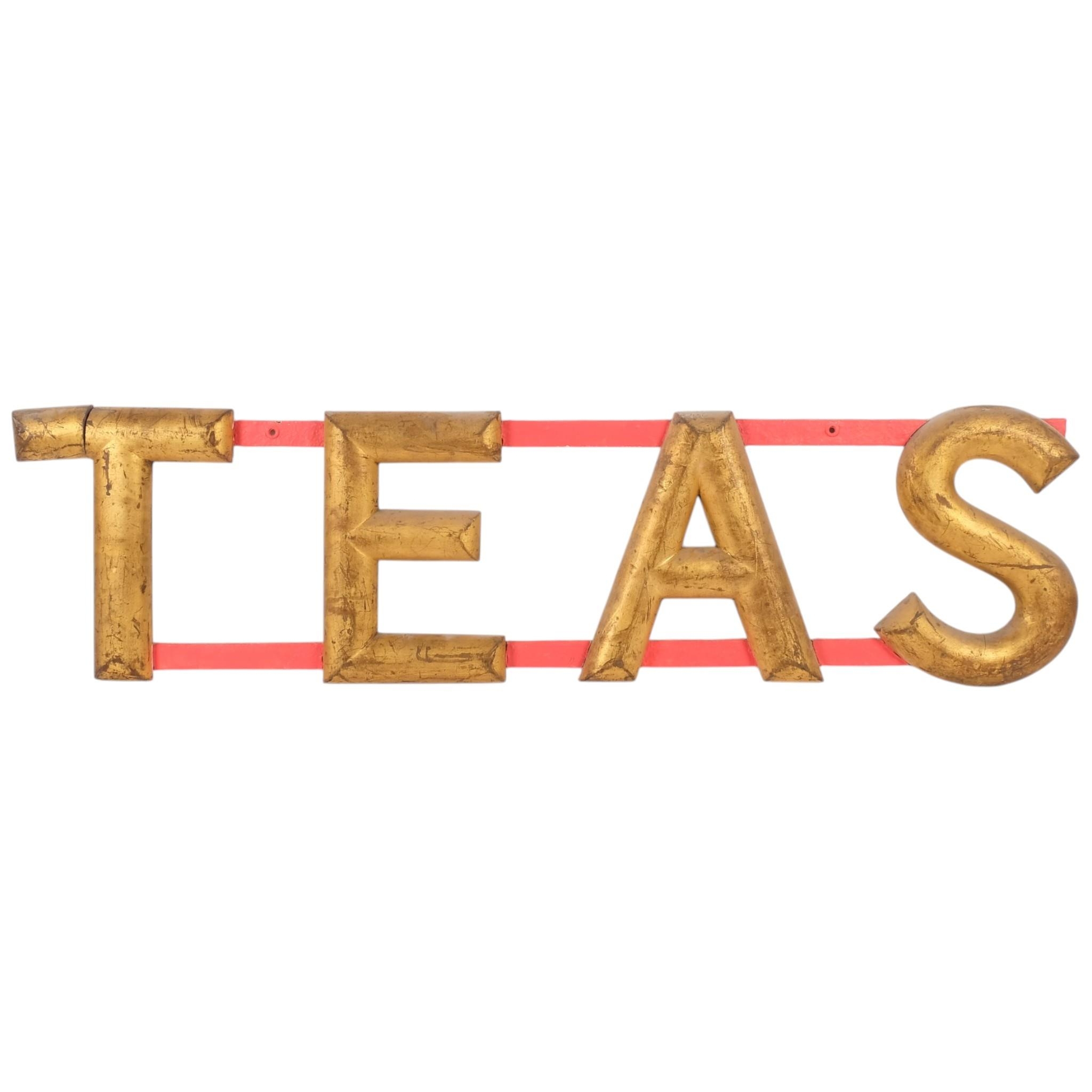 A Victorian Teas advertising sign, relief carved giltwood letters on ...