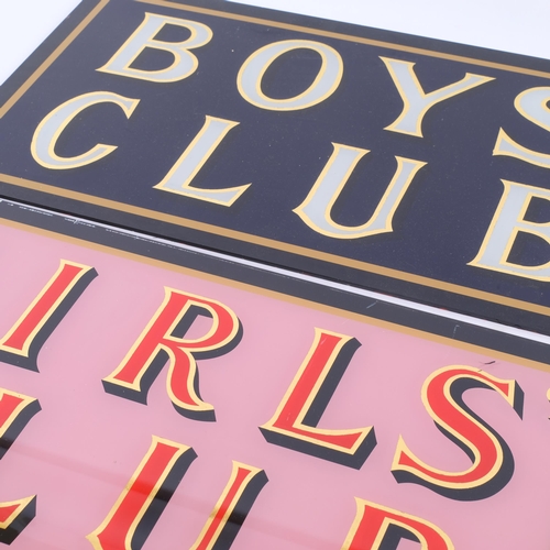 A pair of reproduction reverse decorated and gilded glass signs, Boys ...