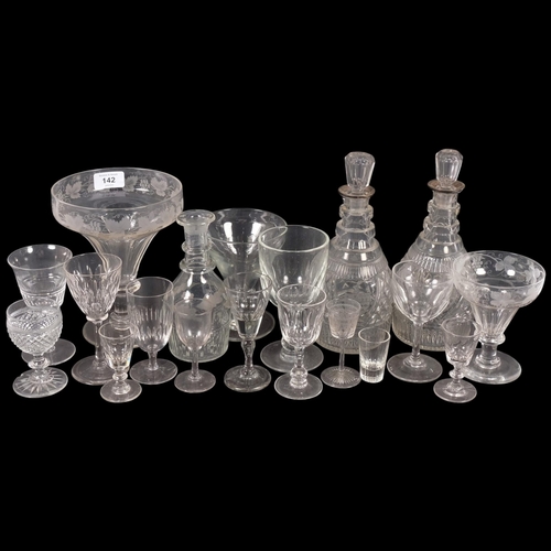142 - A large collection of 18th and 19th century glassware, including a pair of diamond-cut mallet-shaped... 