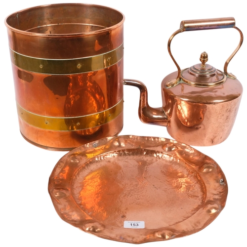 153 - A Victorian polished copper kettle, an Art Nouveau copper tray, and copper coal bin (3)