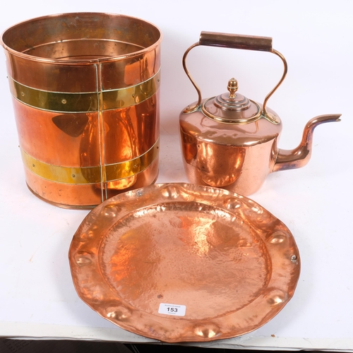 153 - A Victorian polished copper kettle, an Art Nouveau copper tray, and copper coal bin (3)