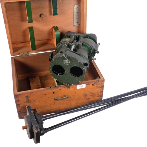 217 - A military issue Second World War Period binocular 7x50 gun sight, by Ross of London, original woode... 