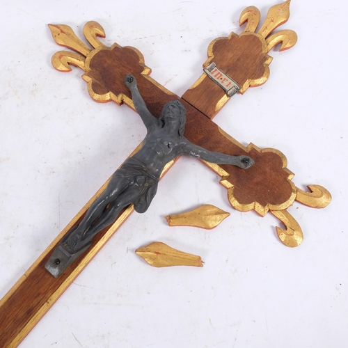 237 - A Vintage parcel-gilt oak crucifix with spelter figure, L82cm