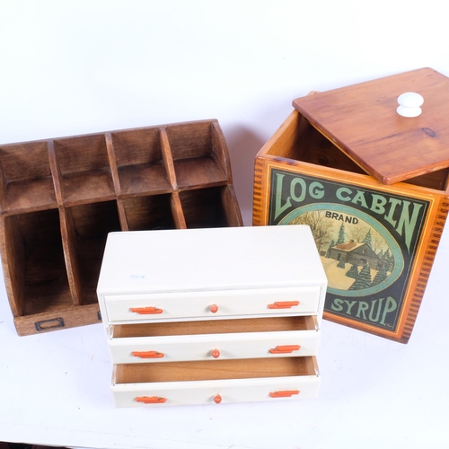 299 - A stained wood letter rack, a painted wood jewel chest, and a pine advertising storage bin (3)