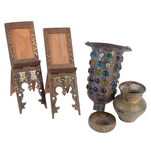 318 - A Vintage Moroccan hanging lantern, with coloured glass roundels, 2 Persian brass pots, and 2 Easter... 
