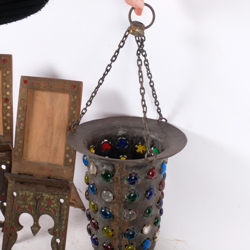 318 - A Vintage Moroccan hanging lantern, with coloured glass roundels, 2 Persian brass pots, and 2 Easter... 