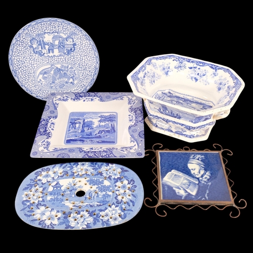 328 - A group of Victorian and later blue and white ceramics, including a Chinese marine 2-handled tureen,... 