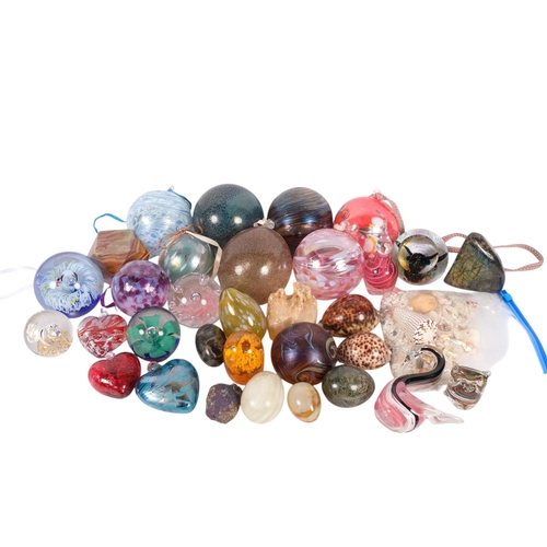 331 - A collection of various paperweights, a small collection of shells, glass hanging globular balls, et... 