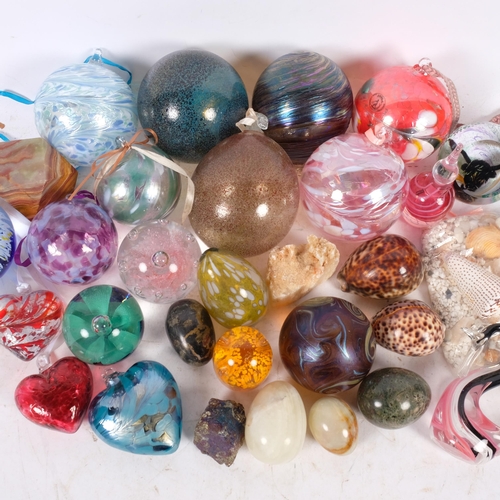 331 - A collection of various paperweights, a small collection of shells, glass hanging globular balls, et... 