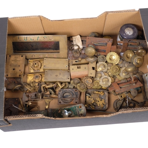 346 - A box of various brassware, including door lock and handles, letterbox, hasp, various brass furnitur... 