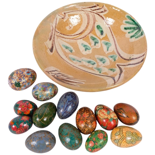 411 - Slipware studio terracotta fruit bowl, diameter 27cm, and a collection of decorated papier mache and... 