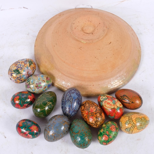 411 - Slipware studio terracotta fruit bowl, diameter 27cm, and a collection of decorated papier mache and... 