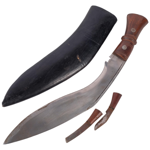 475 - A Vintage Nepalese Khukuri knife, with 2 smaller knives, in fitted leather scabbard
