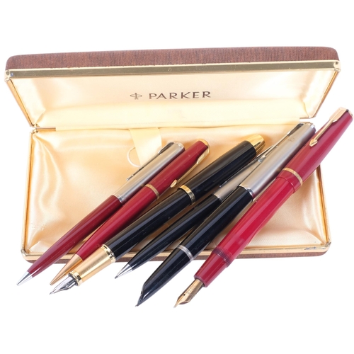 496 - A group of various pens, including a Parker fountain pen with 14ct gold nib, Parker propelling penci... 
