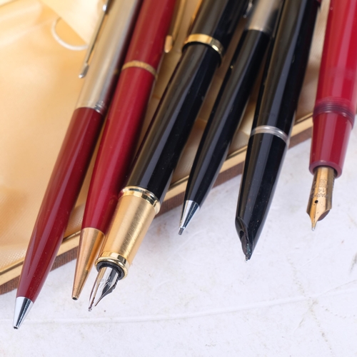 496 - A group of various pens, including a Parker fountain pen with 14ct gold nib, Parker propelling penci... 