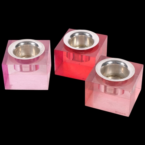625 - BLOCK - 3 mid-century candle holders, in perspex stands, with hallmarked silver inserts