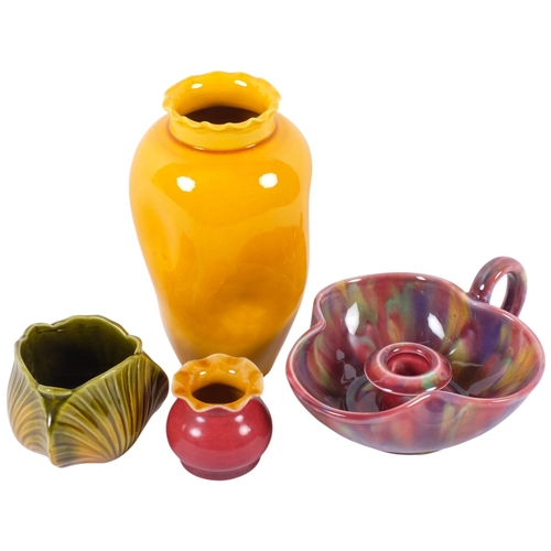 793 - A group of Victorian art pottery, including a Burmantofts yellow glazed pottery vase, H17cm (drilled... 