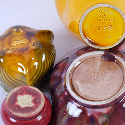 793 - A group of Victorian art pottery, including a Burmantofts yellow glazed pottery vase, H17cm (drilled... 