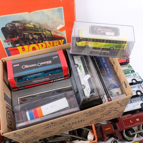 946 - 2 boxes of various Corgi and other diecast buses, engines, coaches, etc, and an LMS 422 engine no. 2... 