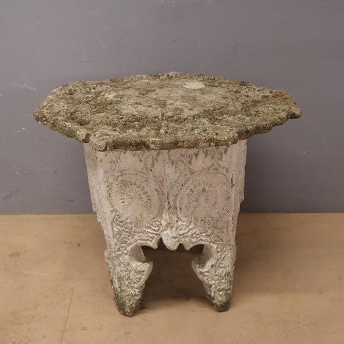 3002 - An antique Indian style garden side table with painted octagonal base with peacock detailing and wea... 