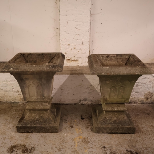 3025 - A pair of large and impressive weathered reconstituted stone gothic style planters. Width: 66cm, hei... 