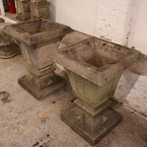 3025 - A pair of large and impressive weathered reconstituted stone gothic style planters. Width: 66cm, hei... 