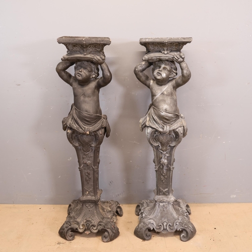 3031 - A pair of two section bronzed resin bird bath/planters with cherub design. Width 34cm, height 109cm,... 
