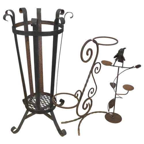 3228 - A wrought iron two tier plant stand. Height 66cm. A cast iron garden waste bin, height 84cm. And 2 b... 