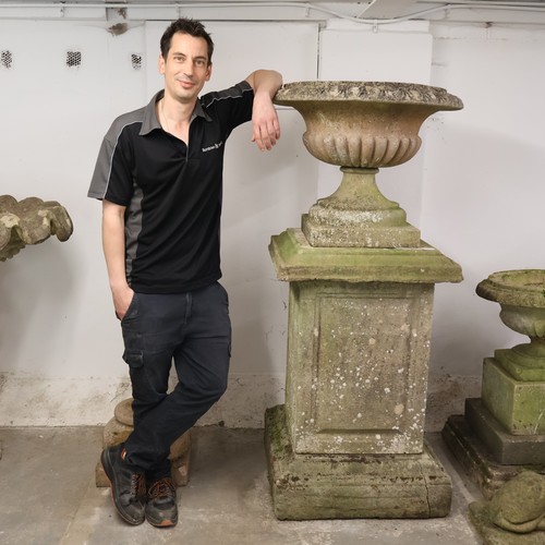 3010 - A large and impressive three section weathered concrete plinth, width 66cm, height 157cm, surmounted... 