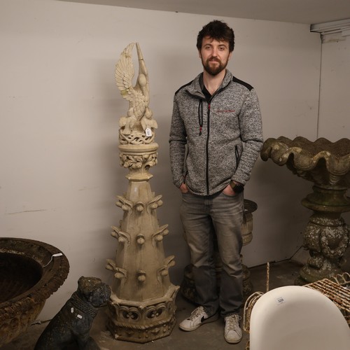 3016 - A large 4-section gothic carved stone garden ornament, in the form of an eagle atop a finial. Width ... 
