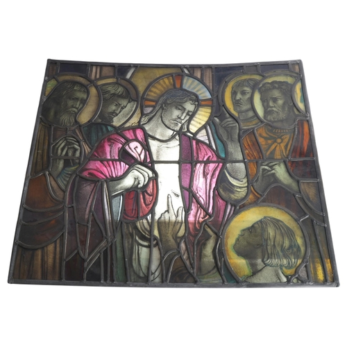 251 - A late 19th early 20th century stained glass religious window panel in the manner of Douglas Stracha... 